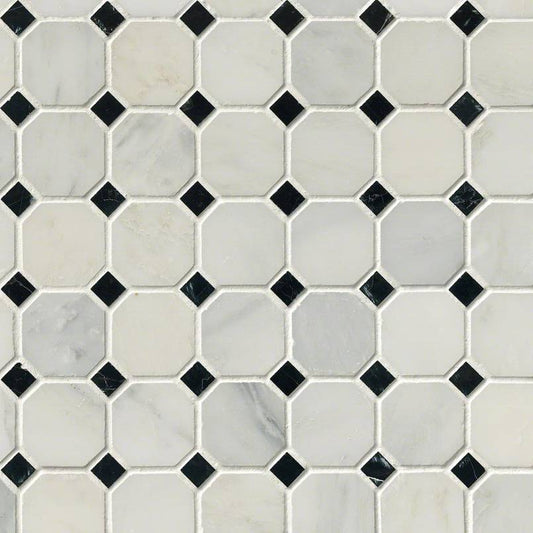 Arabescato Cararra 2" Octagon with Black and White 5/8x5/8 Honed in 12x12 Mesh