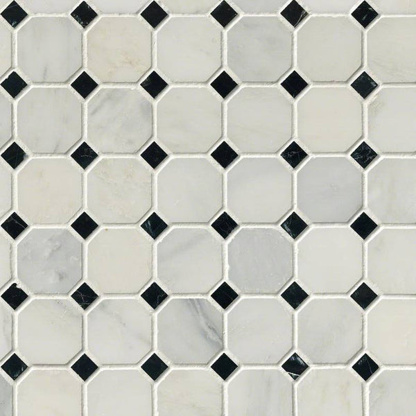 Arabescato Cararra 2" Octagon with Black and White 5//8 Honed in 12x12 Mesh