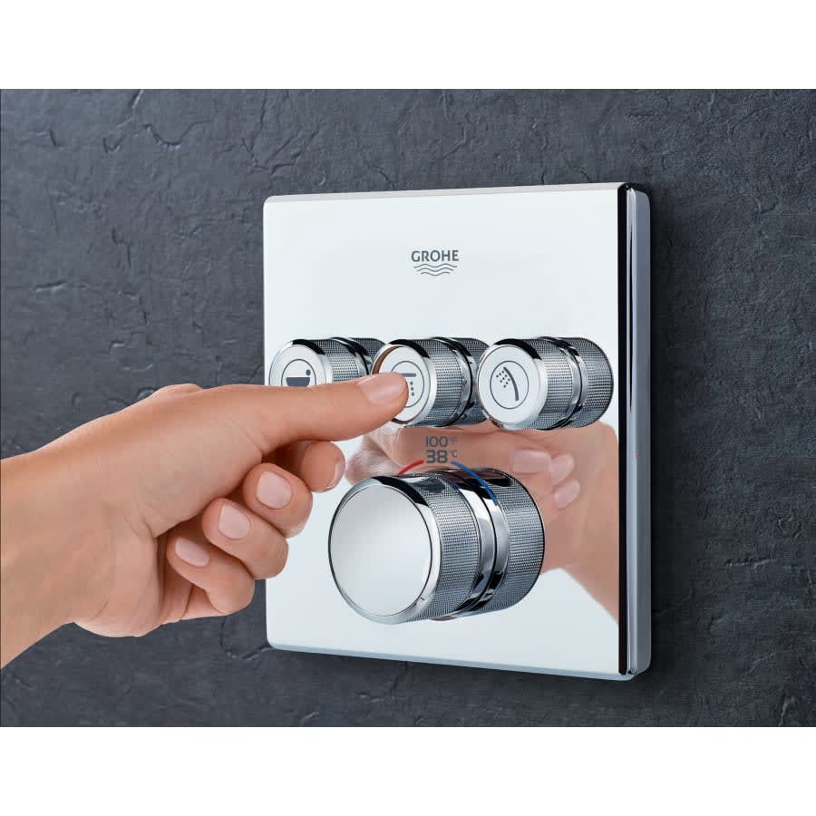 Grohtherm Three Function Thermostatic Valve Trim Only with Four Knob / Push Button Handles, Integrated Diverter, and Volume Control - Less Rough In