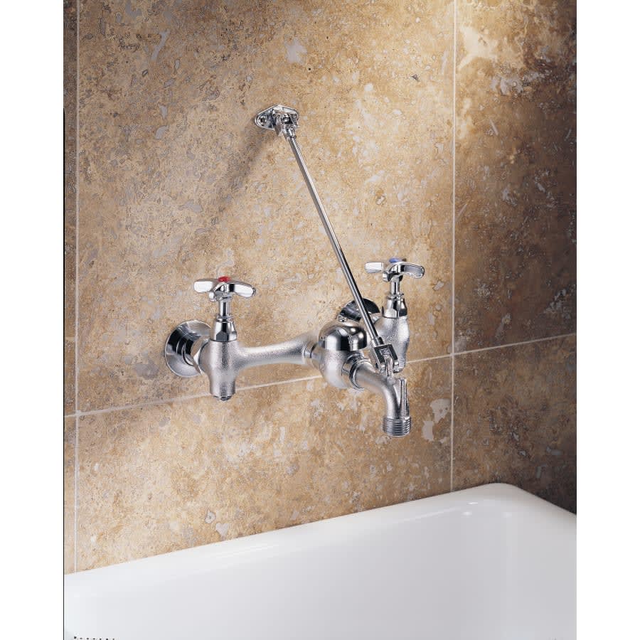 Double Handle Wallmount Faucet with Cross Handles Wall Brace and Pail Hook from the Commercial Series