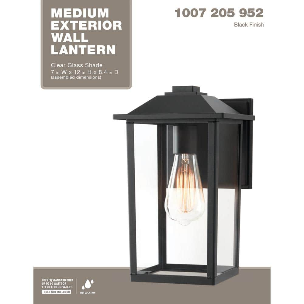 1-Light 12 in. Black Hardwired Transitional Outdoor Wall Light Lantern Sconce with Clear Glass