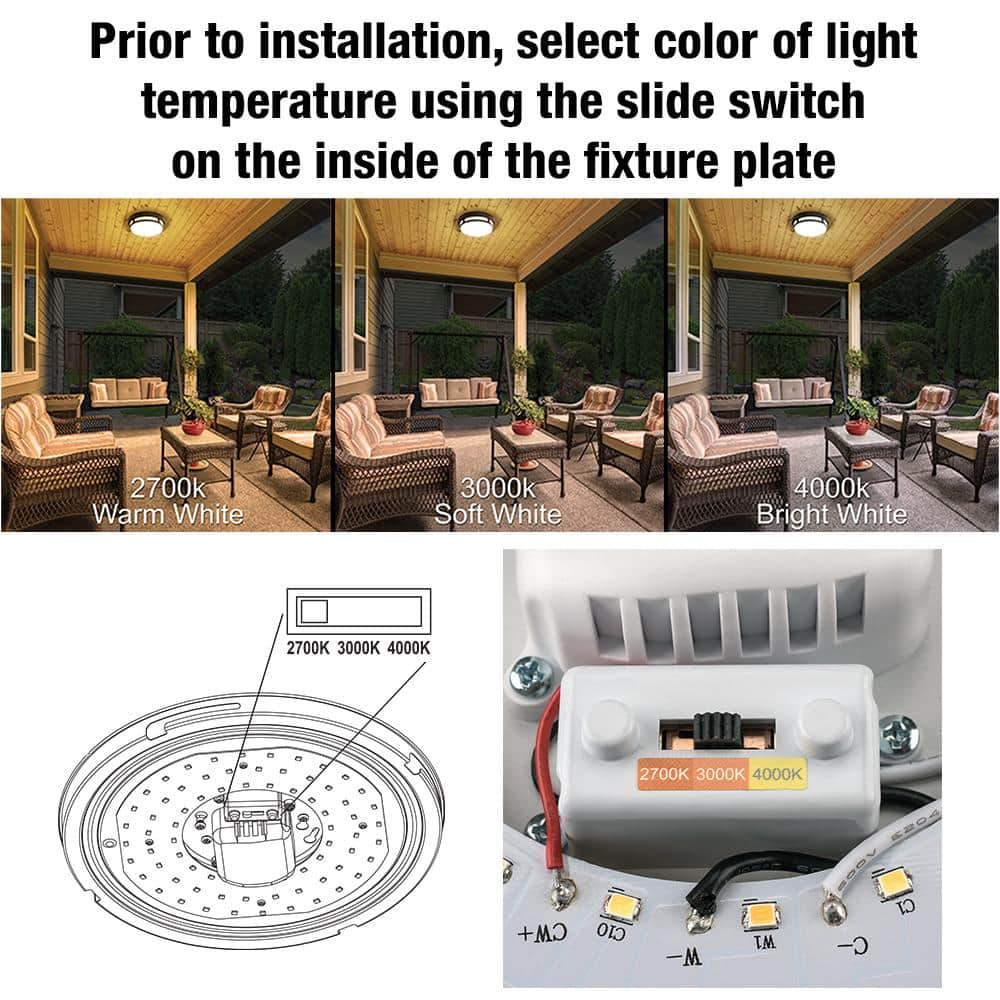 11 in. Round Black Indoor Outdoor LED Flush Mount Ceiling Light Adjustable CCT 830 Lumens Wet Rated Front or Side Door