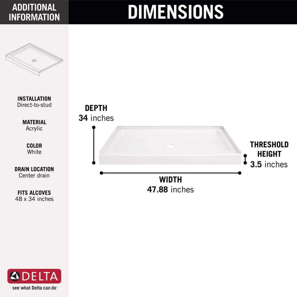 Classic 500 48 in. L x 34 in. W Alcove Shower Pan Base with Center Drain in High Gloss White
