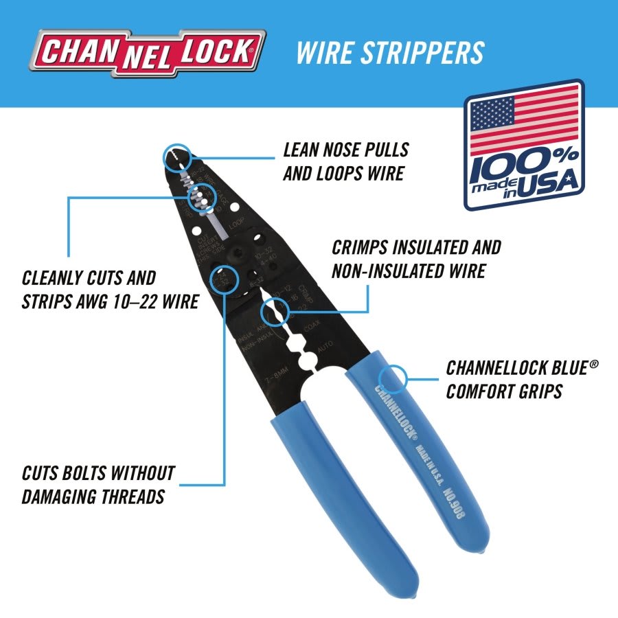 8.25 in, Wiring Tool, 10 to22 AWG Strip, Crimp, Cut