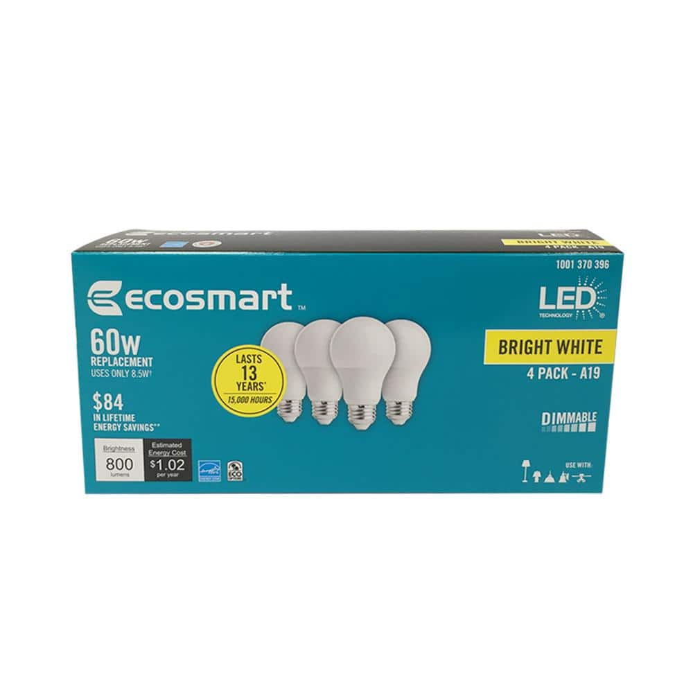 60-Watt Equivalent A19 Dimmable Energy Star LED Light Bulb Bright White (4-Pack)