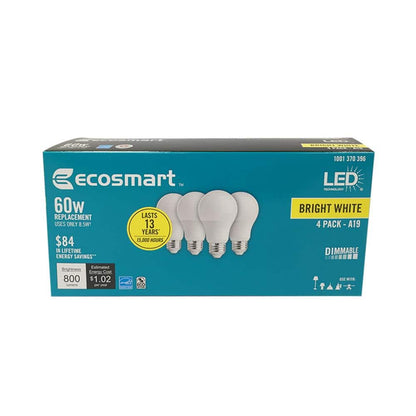 60-Watt Equivalent A19 Dimmable Energy Star LED Light Bulb Bright White (4-Pack)