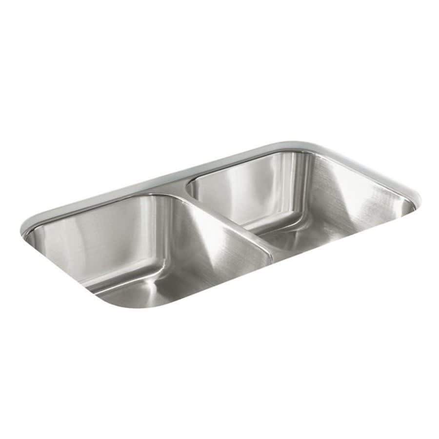 McAllister® Double Bowl Kitchen Sink, Under Mount, 32 x 18 in, 8-1/16 in Bowl Depth, 20 ga Luster Steel, Stainless
