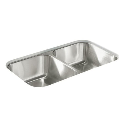 McAllister® Double Bowl Kitchen Sink, Under Mount, 32 x 18 in, 8-1/16 in Bowl Depth, 20 ga Luster Steel, Stainless
