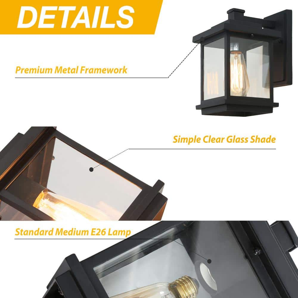 LNC Square 1-Light Black Outdoor Wall Lantern Sconce with Clear Glass Shade, Modern Exterior Wall Light for Patio Garden