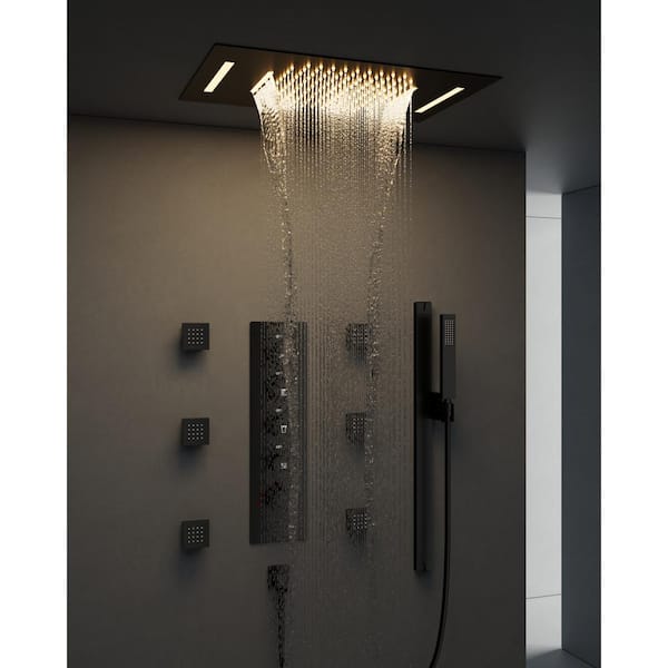 YAWWALK Thermostatic 15-Spray Ceiling Mount 23 x 15 in. Rectangle LED Mood Lighting Shower System with Valve in Matte Black CR1-S025-BI-1