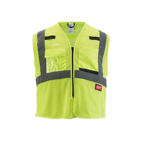 Non-Breakaway Mesh Safety Vest, L/XL, Hi-Viz Yellow, 600D Woven, Hook and Loop/Zipper Closure, 9 Pockets, ANSI Class Class 2, ANSI 107-15 Type R