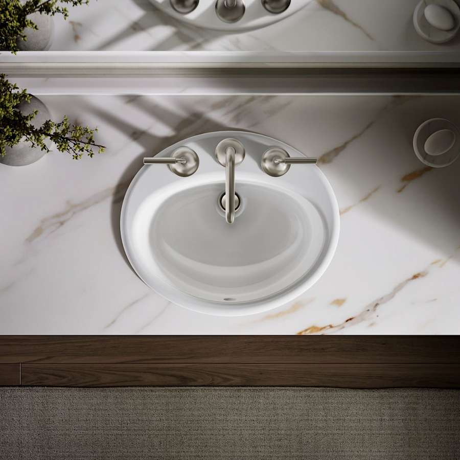 Farmington 19-1/4" Oval Cast Iron Drop In Bathroom Sink with Overflow and 3 Faucet Holes at 8" Centers