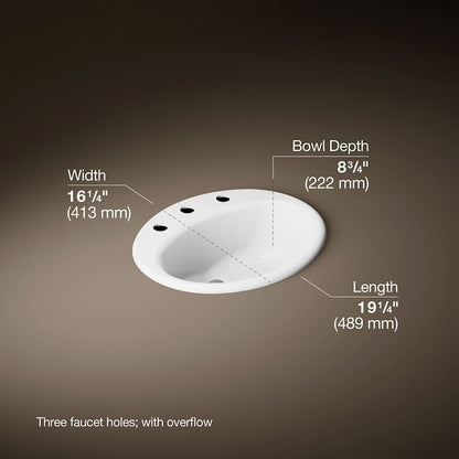 Farmington 19-1/4" Oval Cast Iron Drop In Bathroom Sink with Overflow and 3 Faucet Holes at 8" Centers