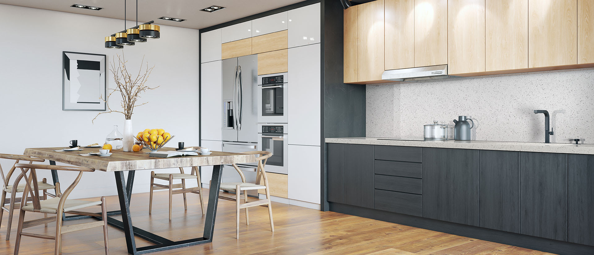 MSI Iced White Polished Quartz countertop in a modern kitchen with black cabinets, light wood floors, and minimalist decor.