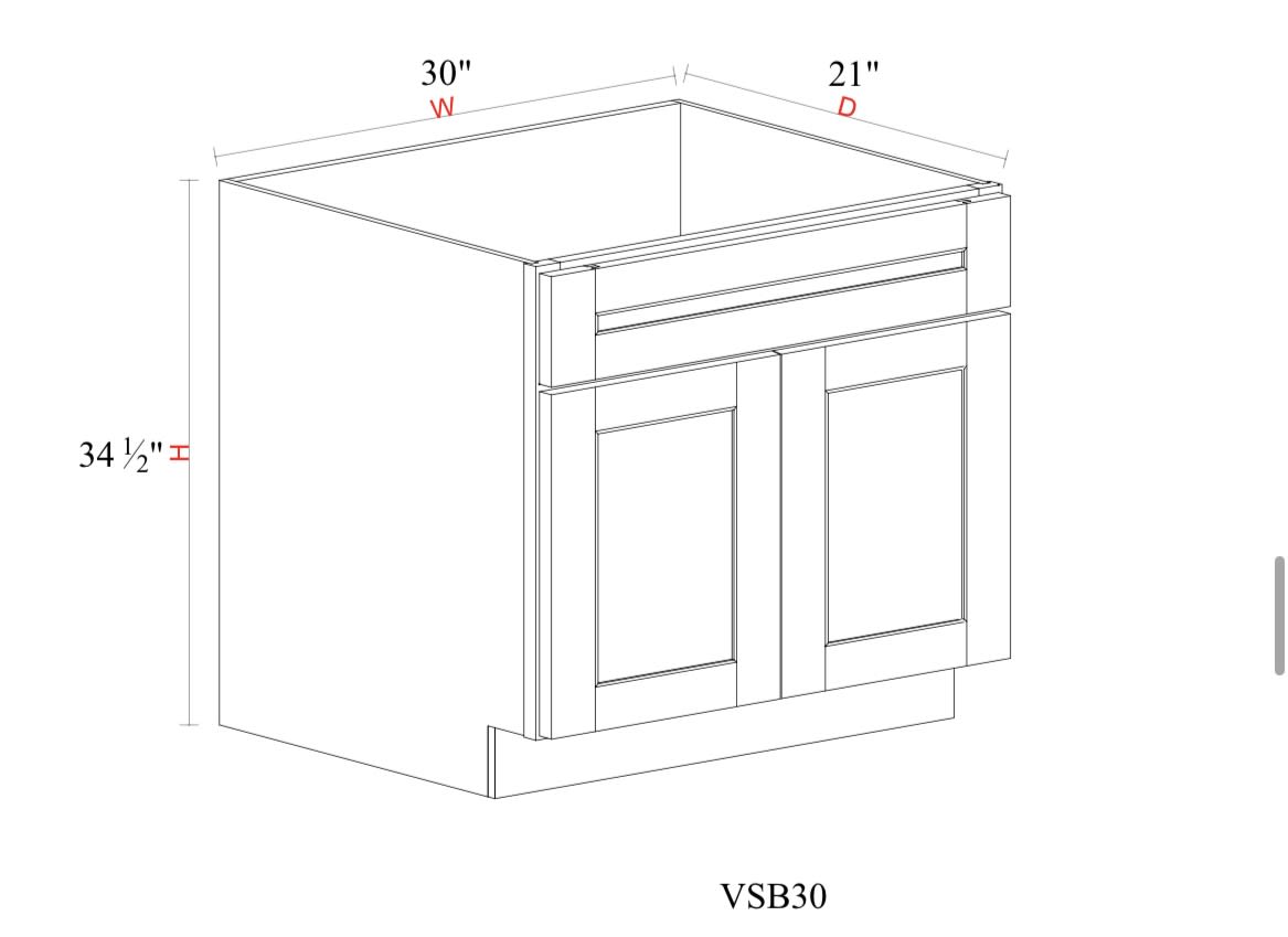 Vanity Sink Base Cabinet - 30"W x 34- 1/2"H x 21"D