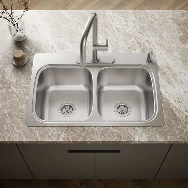 Verse 33" Double Basin Drop In Stainless Steel Kitchen Sink With Four Faucet Holes