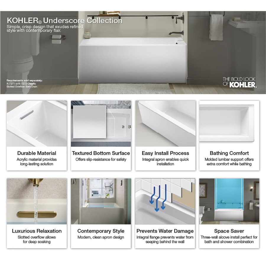 Underscore 60" Soaking Bathtub for Three Wall Alcove Installation with Right Hand Drain