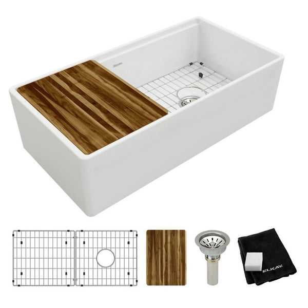 Single Bowl Kitchen Sink, Apron Mount, 36 x 18-13/16 in, 9-5/8 in Bowl Depth, Fireclay, White
