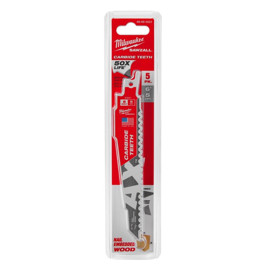 SAWZALL® The Ax™ Carbide Tip Reciprocating Saw Blade, 6 in L, 5 tpi, 0.05 in THK, 5-Pack