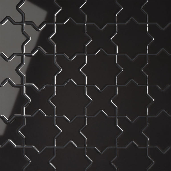 Le Cafe 2" x 2" Cross and Star Glossy Porcelain Mosaic Tile in Black
