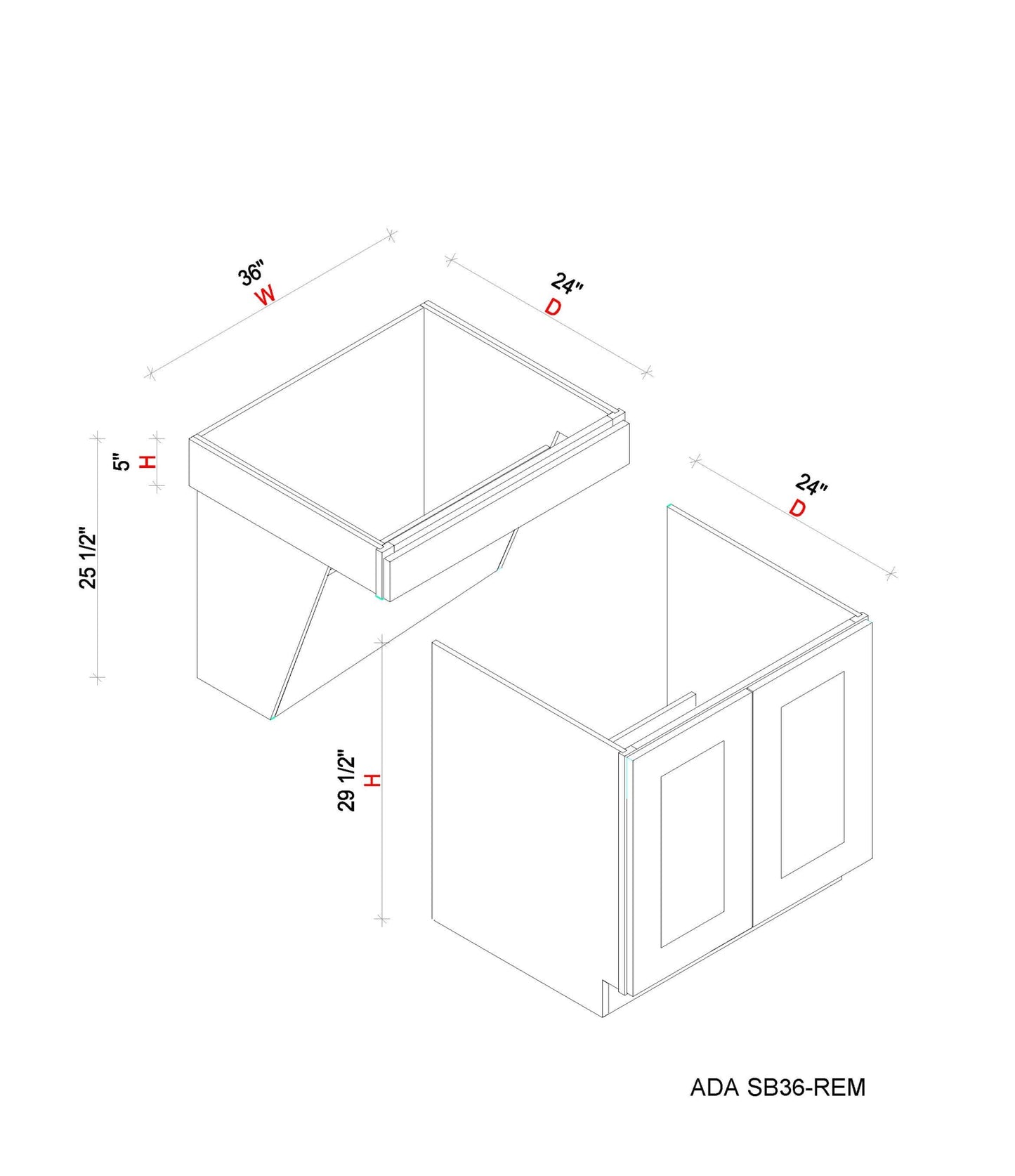 Removable ADA Sink Base - 36"W x 34- 1/2"H x 24"D