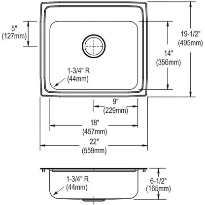 Lustertone™ Classic Single Bowl Kitchen Sink, Top Mount, ADA, 22 x 19-1/2 in, 6-3/8 in Bowl Depth, 3-Hole, 18 ga Lustrous Satin Steel, Stainless