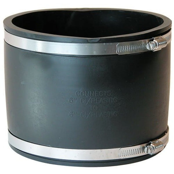 Transition Coupling, 6 in, Cast Iron/Plastic x Cast Iron/Plastic, Flexible PVC