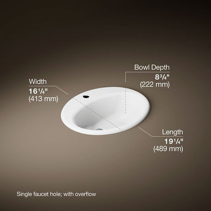 Farmington 19-1/4" Oval Cast Iron Drop In Bathroom Sink with Overflow and Single Faucet Hole