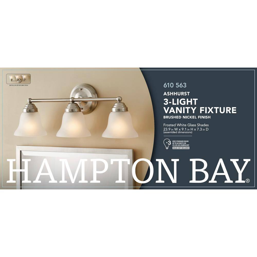 Hampton Bay Ashhurst 3-Light Brushed Nickel Classic Traditional Bathroom Vanity Light with Frosted Glass Shades