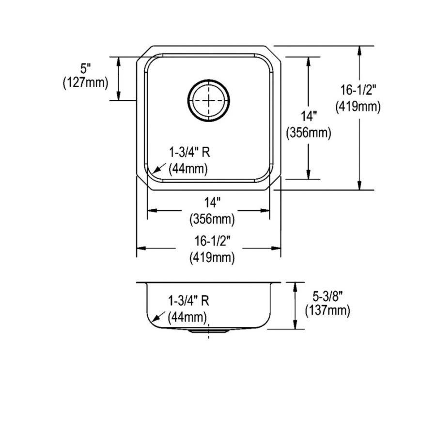 Lustertone™ Classic Single Bowl Kitchen Sink, Under Mount, ADA, 16-1/2 x 16-1/2 in, 5-3/8 in Bowl Depth, 18 ga Lustrous Satin Steel, Stainless