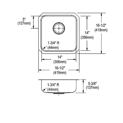Lustertone™ Classic Single Bowl Kitchen Sink, Under Mount, ADA, 16-1/2 x 16-1/2 in, 5-3/8 in Bowl Depth, 18 ga Lustrous Satin Steel, Stainless