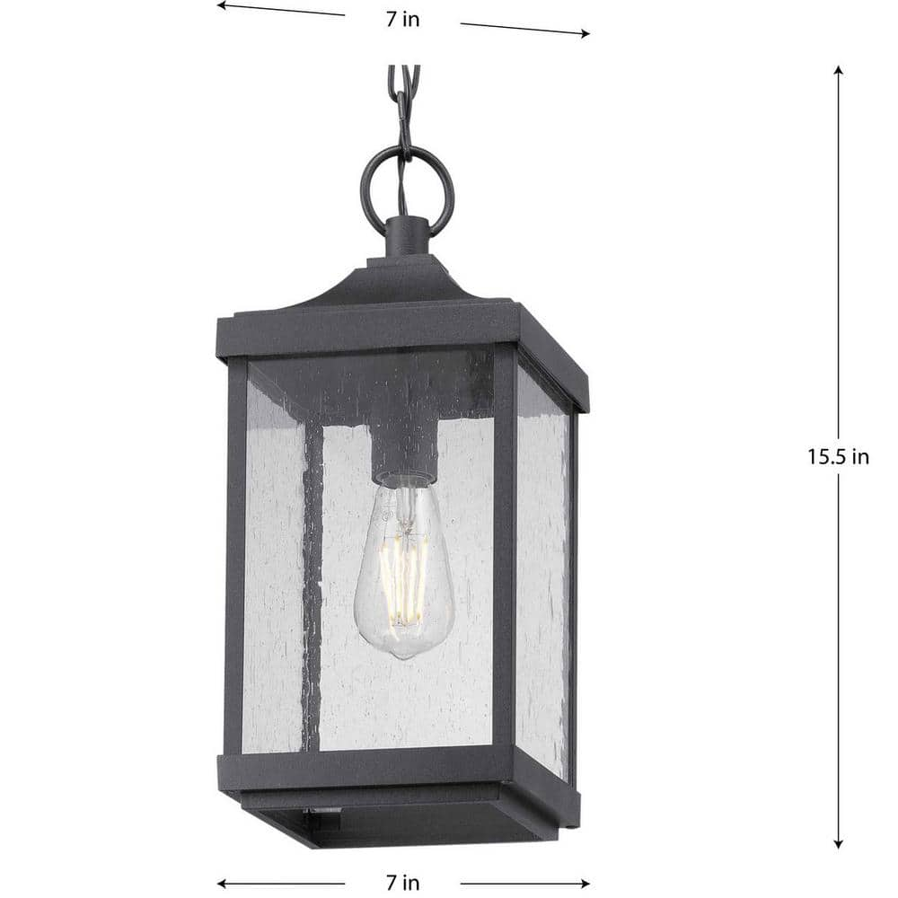 Park Court 1-Light Textured Black Traditional Outdoor Pendant Light with Clear Seeded Glass