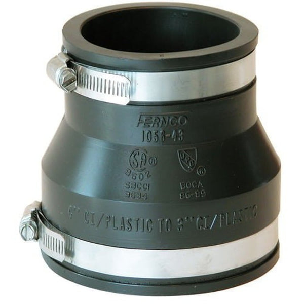 Transition Coupling, 4 x 3 in, Cast Iron/Plastic x Cast Iron/Plastic, Flexible PVC