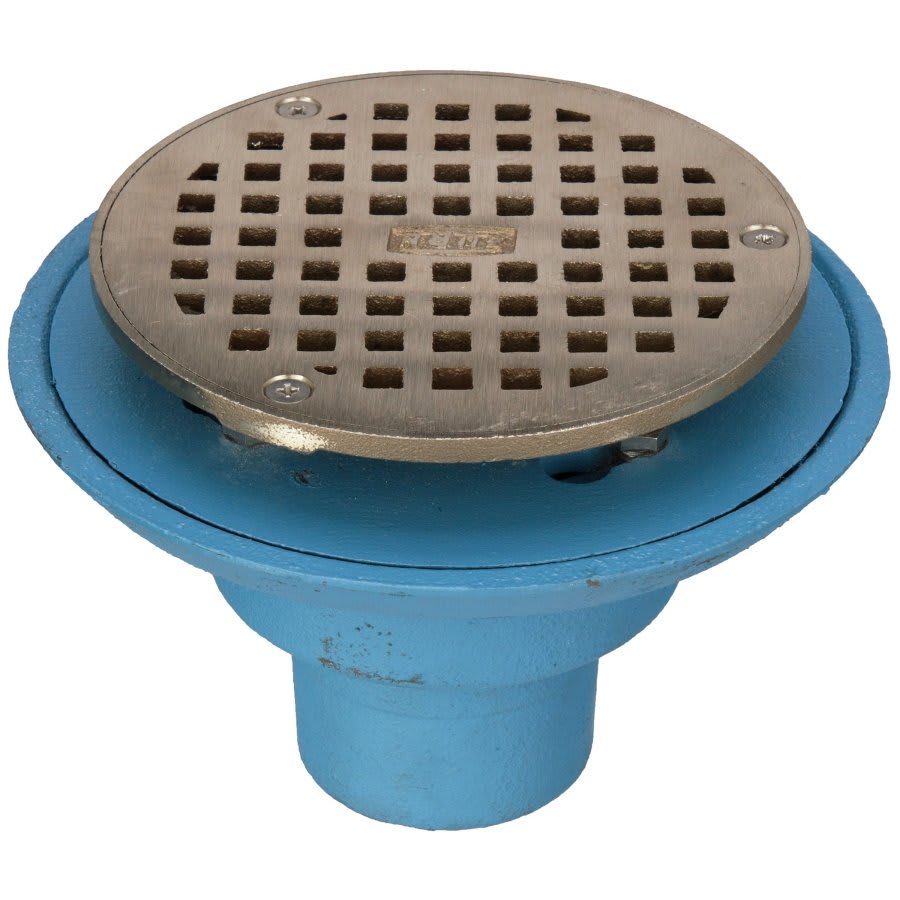 Round Shower Drain, 6-3/8 in OD, 2 in, No-Hub, 5-3/16 in, Nickel Bronze Grid, Cast Iron Drain