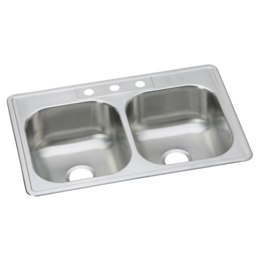 Dayton® Double Bowl Kitchen Sink, Top Mount, 33 x 22 in, 7-7/8 in Bowl Depth, 3-Hole, 20 ga Elite Satin Steel, Stainless