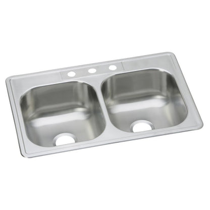 Dayton® Double Bowl Kitchen Sink, Top Mount, 33 x 22 in, 7-7/8 in Bowl Depth, 3-Hole, 20 ga Elite Satin Steel, Stainless