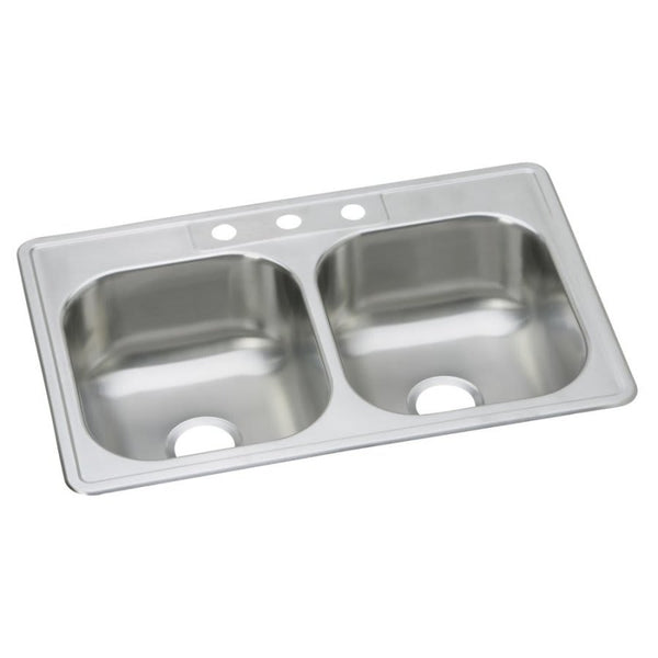 Dayton® Double Bowl Kitchen Sink, Top Mount, 33 x 22 in, 7-7/8 in Bowl Depth, 3-Hole, 20 ga Elite Satin Steel, Stainless