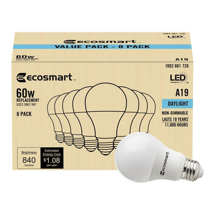 60-Watt Equivalent A19 Non-Dimmable LED Light Bulb Daylight 5000 (8-Pack)