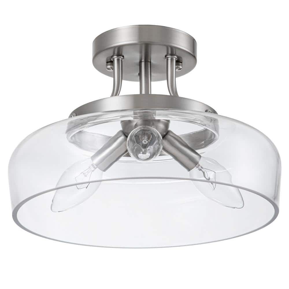 11 in. 3-Light Satin Nickel Transitional Semi-Flush Mount with Clear Glass Shade and No Bulbs Included