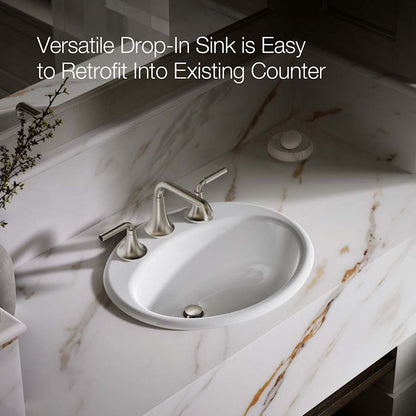 Farmington 19-1/4" Oval Cast Iron Drop In Bathroom Sink with Overflow and 3 Faucet Holes at 8" Centers