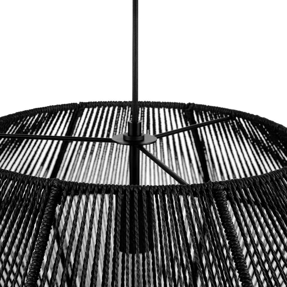 Terra 1-Light Matte Black Chandelier with Natural Twine Shade and Designer Black Cloth Hanging Cord