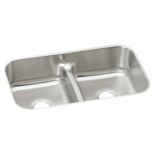 Lustertone™ Classic Double Bowl Kitchen Sink, Under Mount, 32-1/2 x 18-1/8 in, 8 in Bowl Depth, 18 ga Lustrous Satin Steel, Stainless