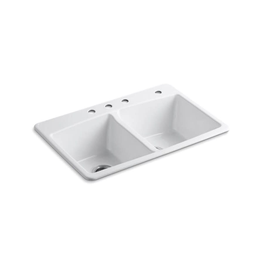 Brookfield™ Double Bowl Kitchen Sink, Top Mount, 33 x 22 in, 9 in Bowl Depth, 4-Hole, Cast Iron, White
