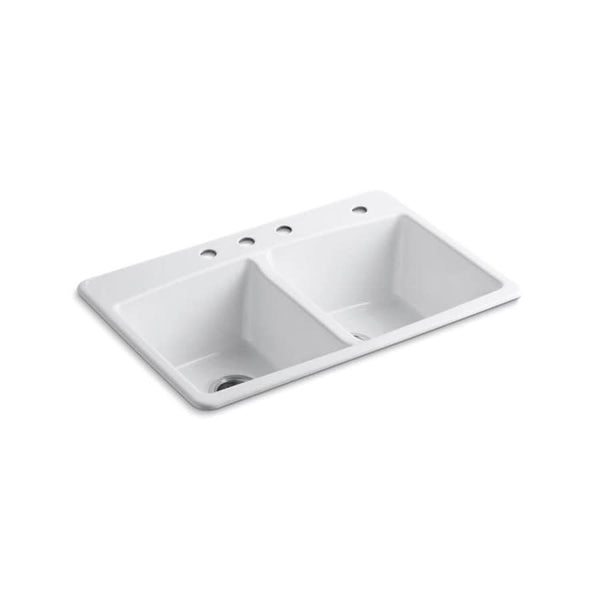 Brookfield™ Double Bowl Kitchen Sink, Top Mount, 33 x 22 in, 9 in Bowl Depth, 4-Hole, Cast Iron, White