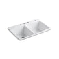 Brookfield™ Double Bowl Kitchen Sink, Top Mount, 33 x 22 in, 9 in Bowl Depth, 4-Hole, Cast Iron, White