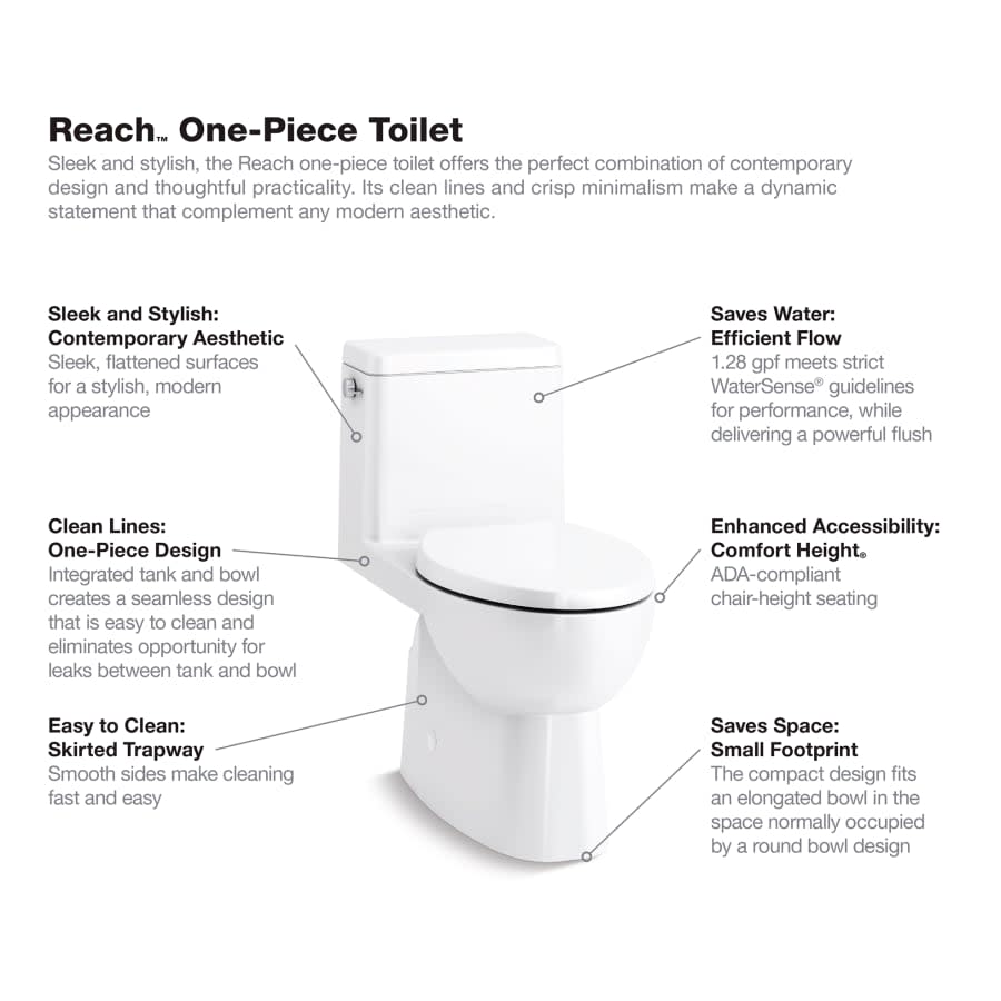 Reach 1.28 GPF One-Piece Compact Elongated Chair Height Toilet with Skirted Trapway and Left Hand Trip Lever - Seat Included