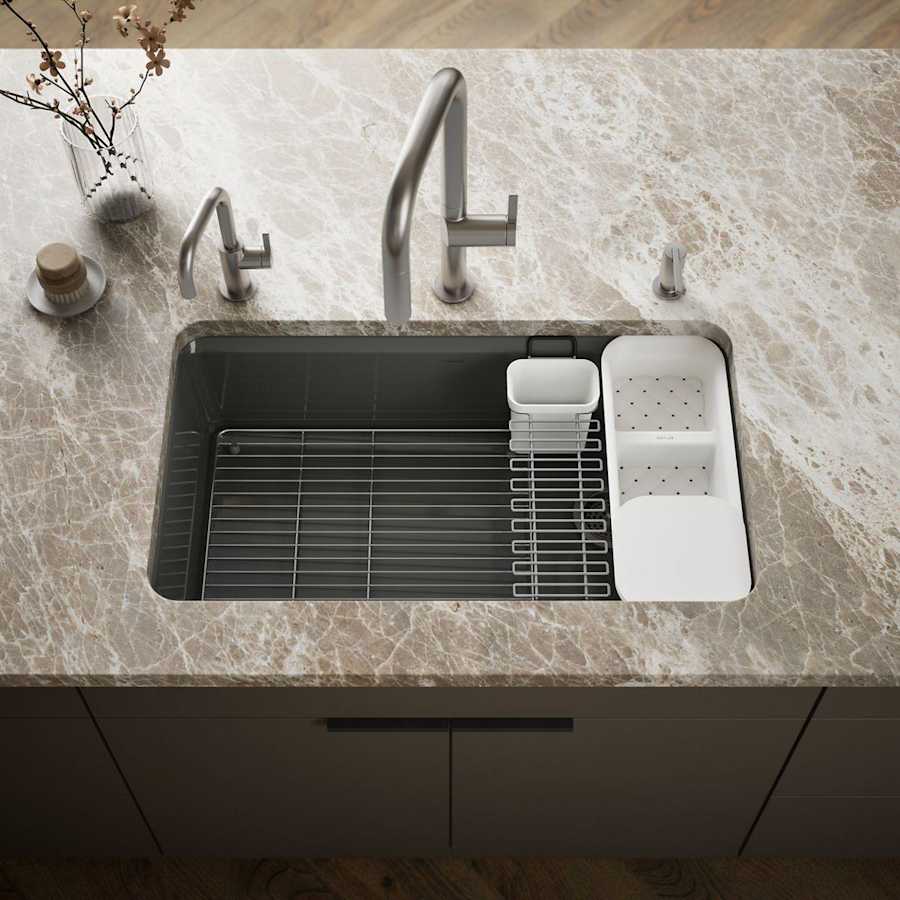 Riverby 33" Undermount Single Basin Enameled Cast Iron Workstation Kitchen Sink with Utility Rack, Sink Rack and Colander, and Intregral Cutting Board