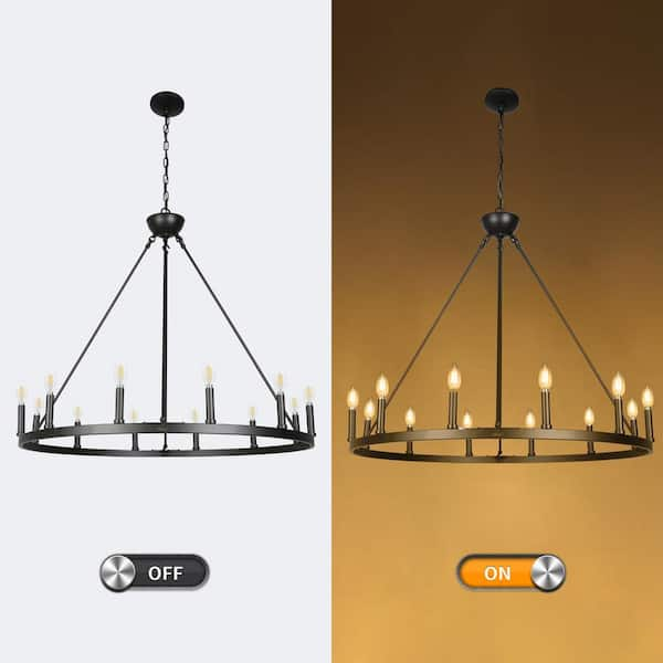 12-Light Matte Black Chandelier Wagon Wheel Steel Frame