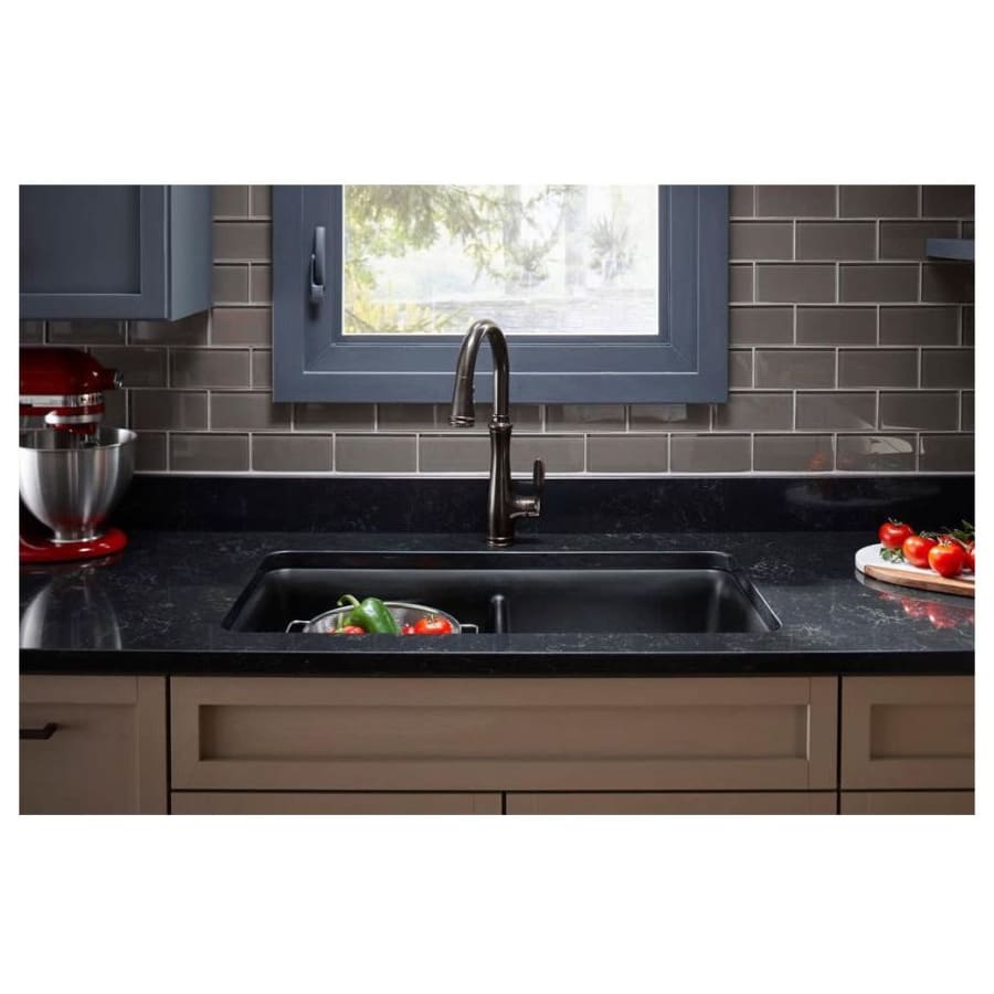 Cairn 33-1/2" Undermount Double Equal Bowl Neoroc Granite Composite Kitchen Sink with Right Sink Rack Included