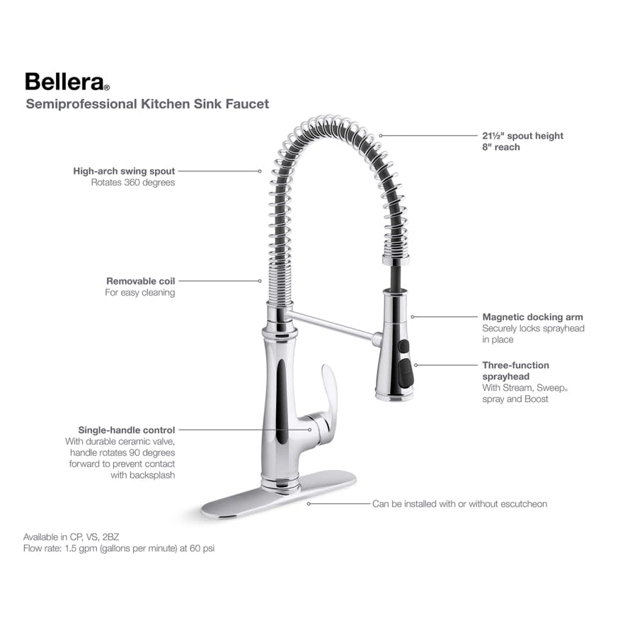 Bellera 1.5 GPM Single Hole Pull-Down Pre-Rinse Kitchen Faucet with Sweep Spray, Boost Spray, DockNetik, and MasterClean Technologies